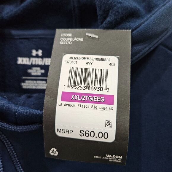 Under Armour Men's Fleece Hoodie XXL Navy Blue Big Logo Loose Oversized Outdoor - Picture 6 of 11